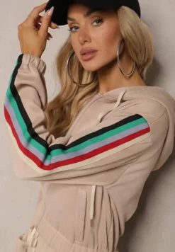 Beżowy Komplet Dresowy z Kolorowym Lampasem Bluza z Kapturem i Spodnie Joggery Nevarielles