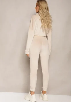 Beżowy Komplet Dresowy z Weluru z Krótką Bluzą i Spodniami Joggerami z Panterkowym Wzorem Limitta