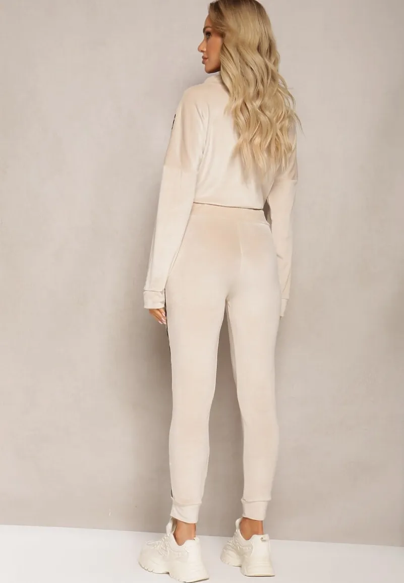 Beżowy Komplet Dresowy z Weluru z Krótką Bluzą i Spodniami Joggerami z Panterkowym Wzorem Limitta