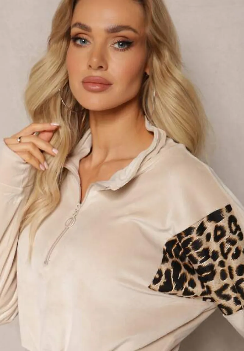 Beżowy Komplet Dresowy z Weluru z Krótką Bluzą i Spodniami Joggerami z Panterkowym Wzorem Limitta