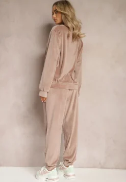 Beżowy Komplet Dresowy z Weluru Luźna Bluza z Dekoltem w V i Elastyczne Spodnie z Kieszeniami Esparkia