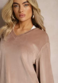 Beżowy Komplet Dresowy z Weluru Luźna Bluza z Dekoltem w V i Elastyczne Spodnie z Kieszeniami Esparkia