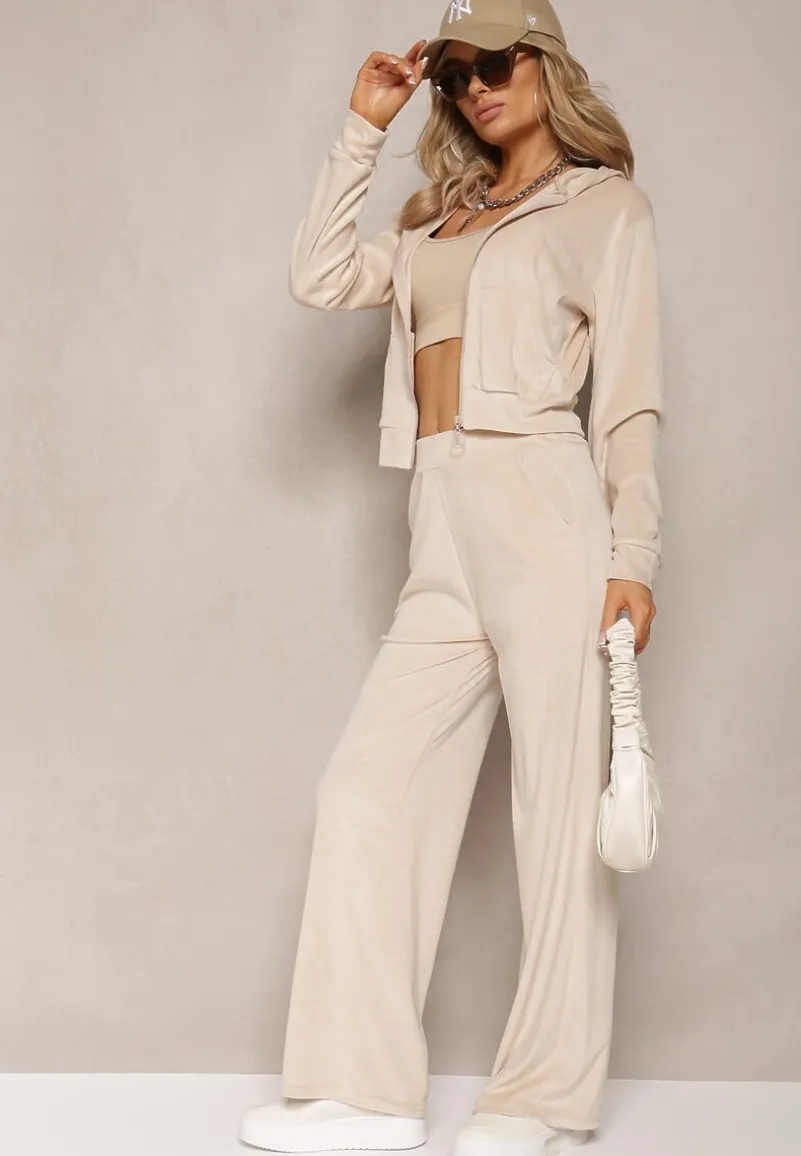 Beżowy Komplet Dresowy z Welurowej Dzianiny Szerokie Spodnie i Krótka Bluza Avilti