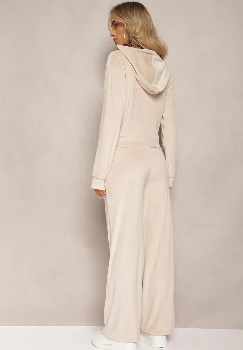 Beżowy Komplet Dresowy z Welurowej Dzianiny Szerokie Spodnie i Krótka Bluza Avilti