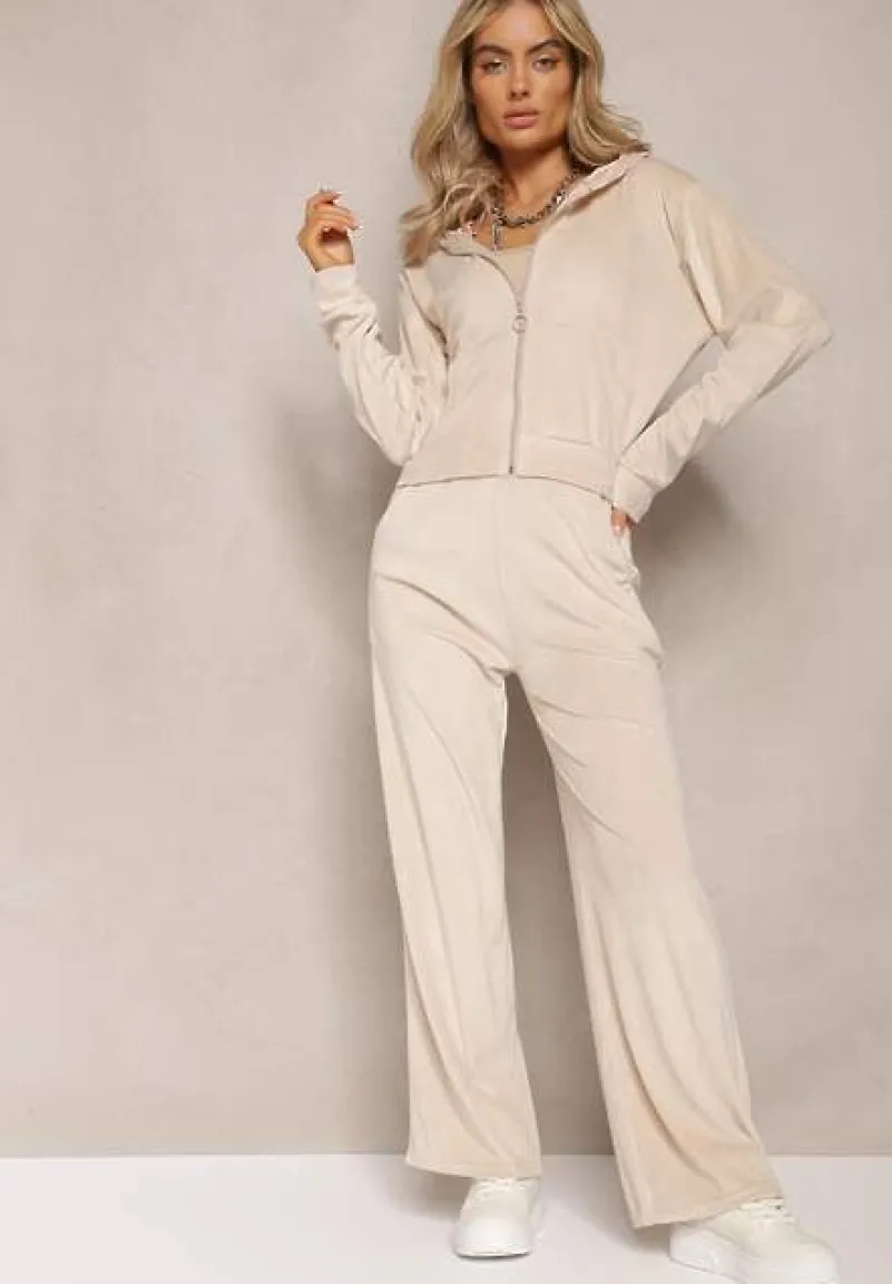 Beżowy Komplet Dresowy z Welurowej Dzianiny Szerokie Spodnie i Krótka Bluza Avilti