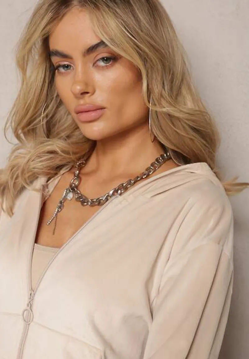 Beżowy Komplet Dresowy z Welurowej Dzianiny Szerokie Spodnie i Krótka Bluza Avilti