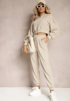 Beżowy Komplet Dresowy ze Spodniami Joggerami i Bluzą z Kapturem Fomstia