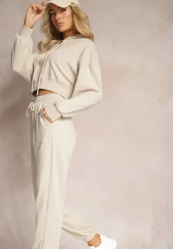Beżowy Komplet Dresowy ze Spodniami Joggerami i Bluzą z Kapturem Fomstia