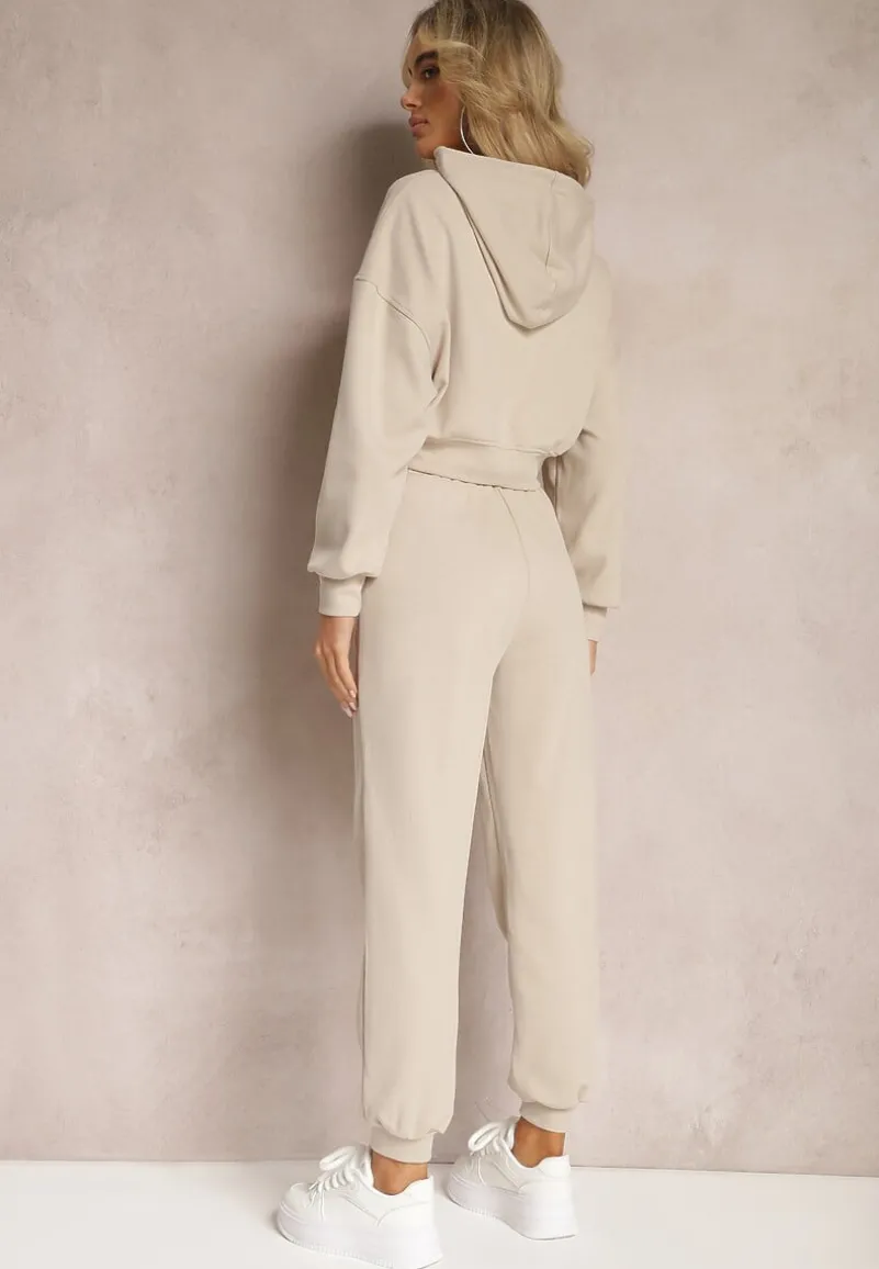 Beżowy Komplet Dresowy ze Spodniami Joggerami i Bluzą z Kapturem Fomstia