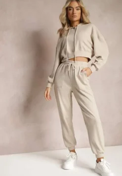 Beżowy Komplet Dresowy ze Spodniami Joggerami i Bluzą z Kapturem Fomstia