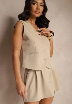 Beżowy Komplet Garniturowy z Wiskozy Kamizelka i Szorty o Luźnym Kroju Werilea