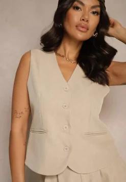 Beżowy Komplet Garniturowy z Wiskozy Kamizelka i Szorty o Luźnym Kroju Werilea