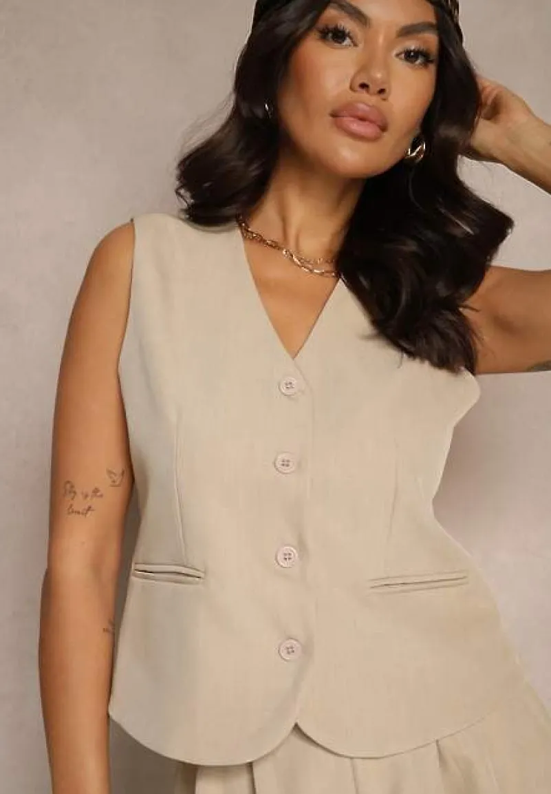 Beżowy Komplet Garniturowy z Wiskozy Kamizelka i Szorty o Luźnym Kroju Werilea