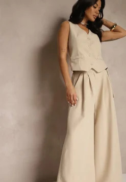 Beżowy Komplet Garniturowy z Kamizelką i Spodniami o Szerokim Kroju Ravirana