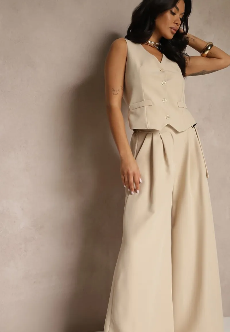 Beżowy Komplet Garniturowy z Kamizelką i Spodniami o Szerokim Kroju Ravirana