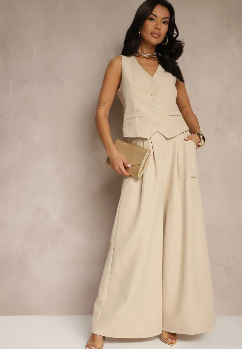 Beżowy Komplet Garniturowy z Kamizelką i Spodniami o Szerokim Kroju Ravirana