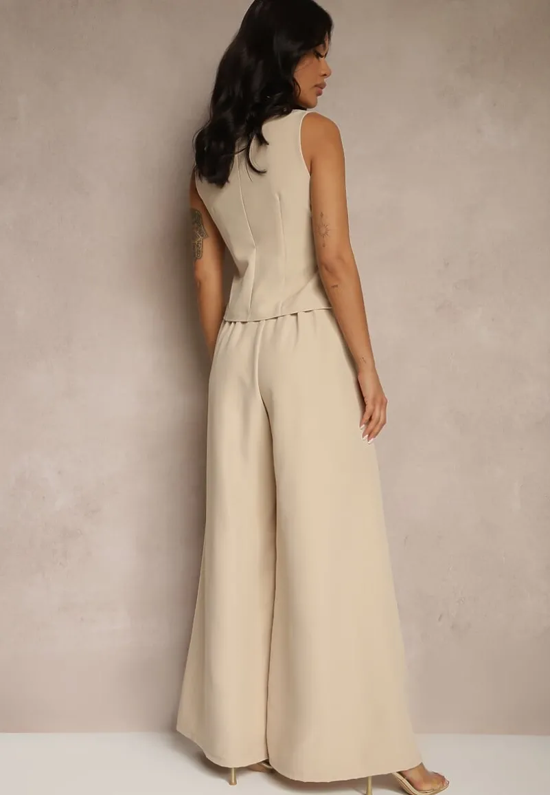 Beżowy Komplet Garniturowy z Kamizelką i Spodniami o Szerokim Kroju Ravirana