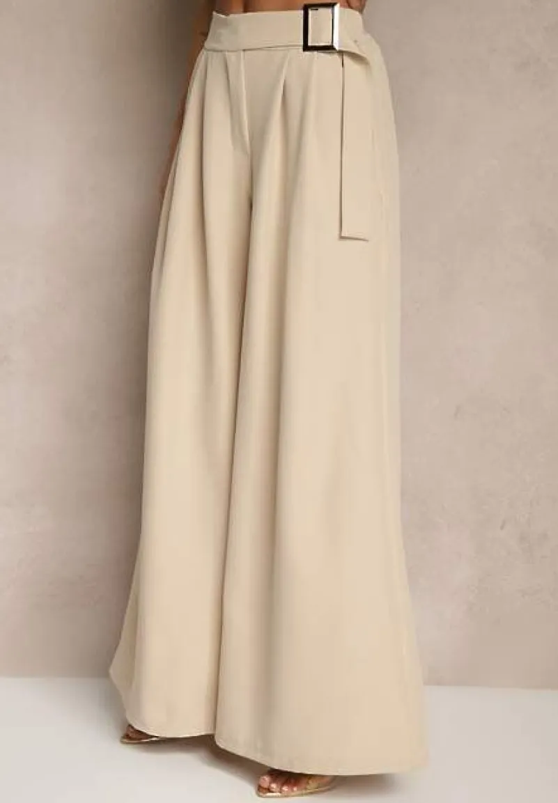 Beżowy Komplet Garniturowy z Kamizelką i Spodniami o Szerokim Kroju Ravirana