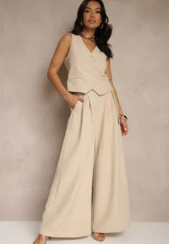 Beżowy Komplet Garniturowy z Kamizelką i Spodniami o Szerokim Kroju Ravirana