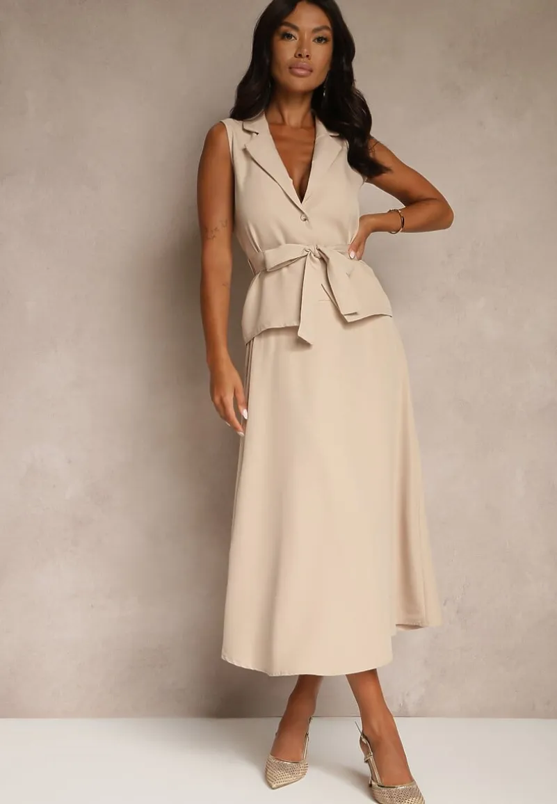 Beżowy Komplet Garniturowy z Wiskozą Spódnica i Kamizelka Ozdobiona Paskiem Dolleira