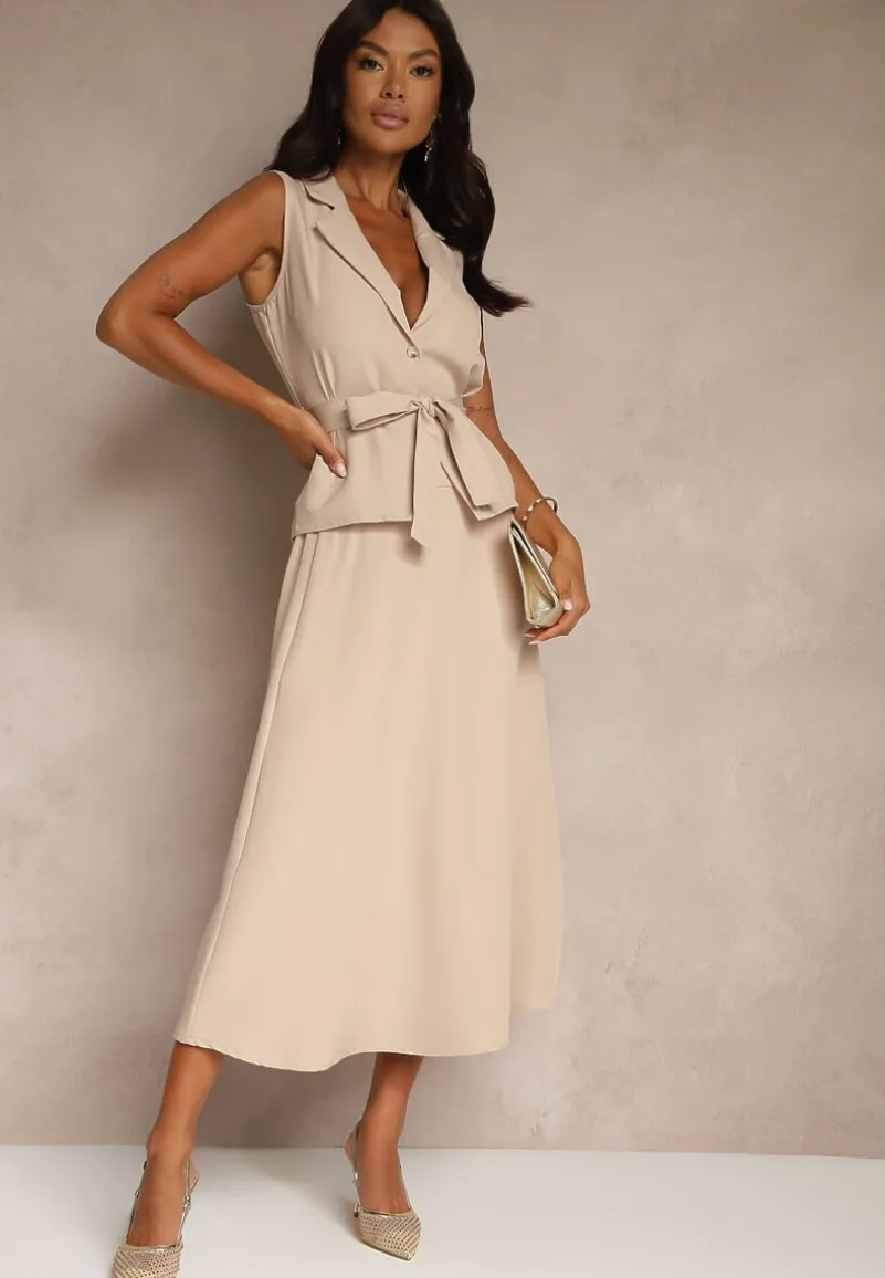 Beżowy Komplet Garniturowy z Wiskozą Spódnica i Kamizelka Ozdobiona Paskiem Dolleira