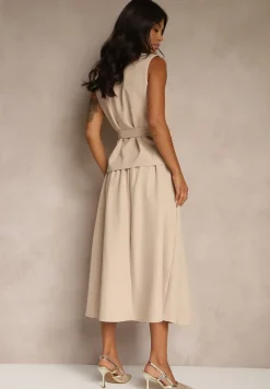 Beżowy Komplet Garniturowy z Wiskozą Spódnica i Kamizelka Ozdobiona Paskiem Dolleira