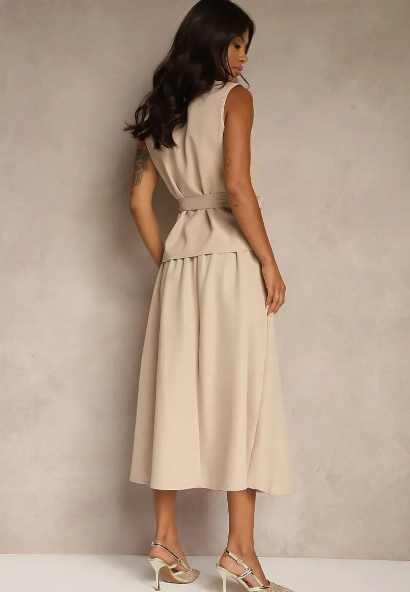 Beżowy Komplet Garniturowy z Wiskozą Spódnica i Kamizelka Ozdobiona Paskiem Dolleira