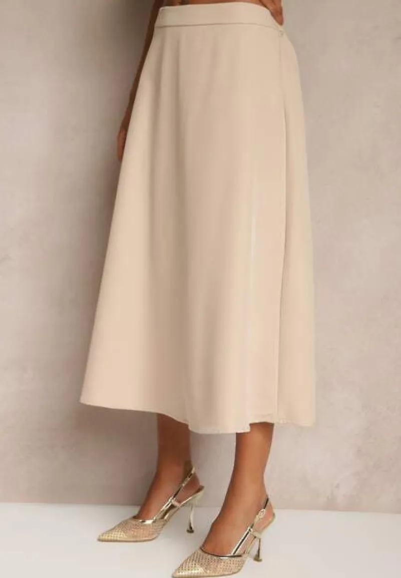 Beżowy Komplet Garniturowy z Wiskozą Spódnica i Kamizelka Ozdobiona Paskiem Dolleira