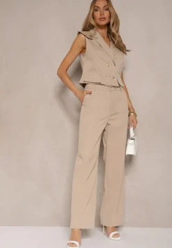 Beżowy Komplet Garniturowy Szerokie Spodnie i Kamizelka Dwurzędowa Tirmoi