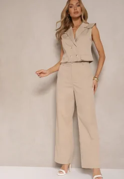 Beżowy Komplet Garniturowy Szerokie Spodnie i Kamizelka Dwurzędowa Tirmoi