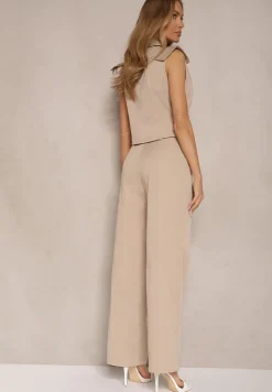 Beżowy Komplet Garniturowy Szerokie Spodnie i Kamizelka Dwurzędowa Tirmoi