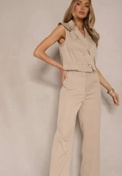 Beżowy Komplet Garniturowy Szerokie Spodnie i Kamizelka Dwurzędowa Tirmoi