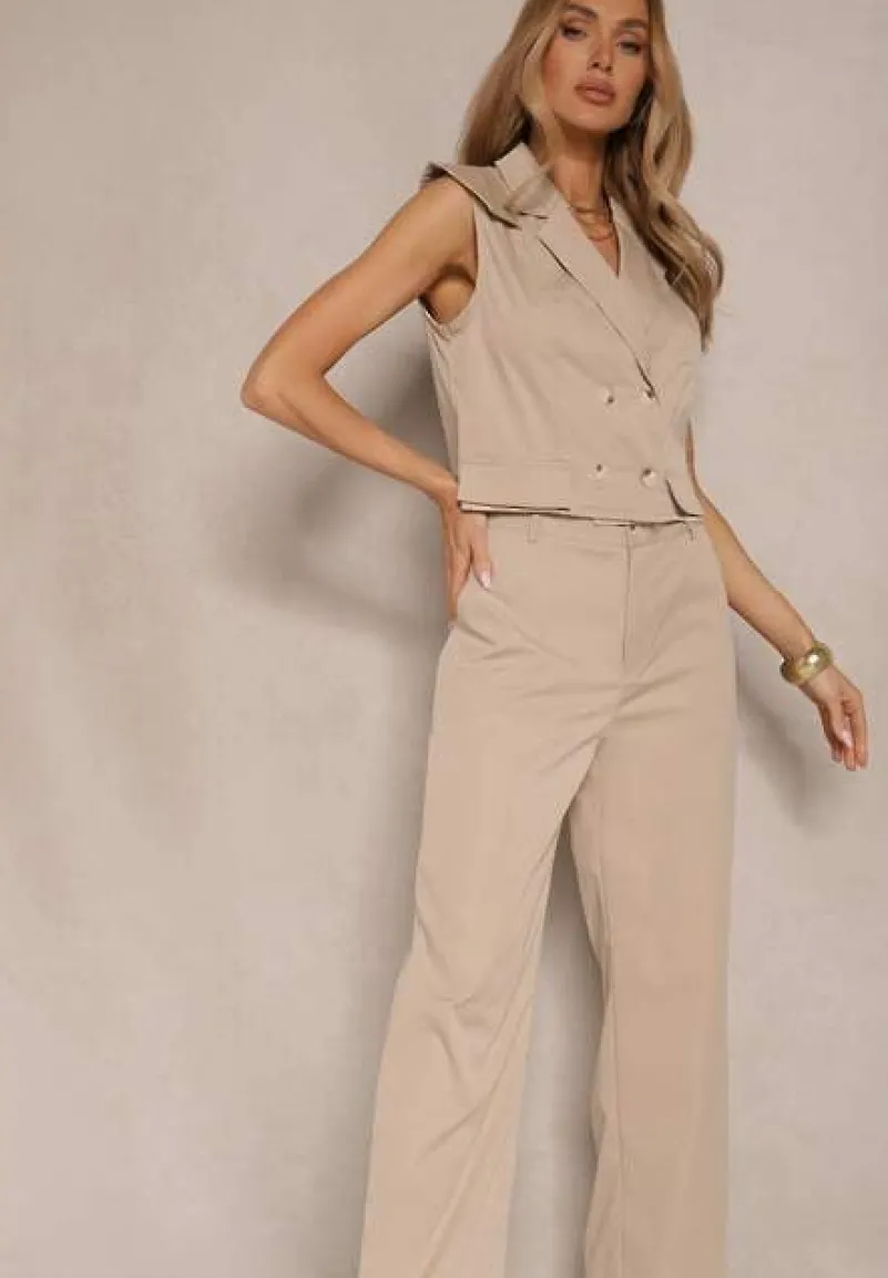 Beżowy Komplet Garniturowy Szerokie Spodnie i Kamizelka Dwurzędowa Tirmoi