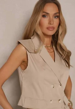 Beżowy Komplet Garniturowy Szerokie Spodnie i Kamizelka Dwurzędowa Tirmoi