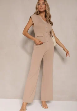 Beżowy Komplet Kamizelka i Spodnie Regular Annavie