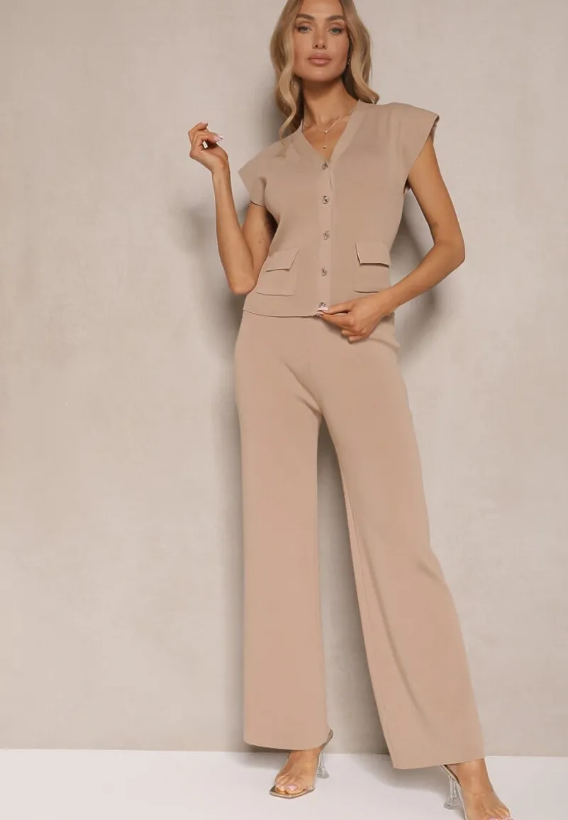 Beżowy Komplet Kamizelka i Spodnie Regular Annavie