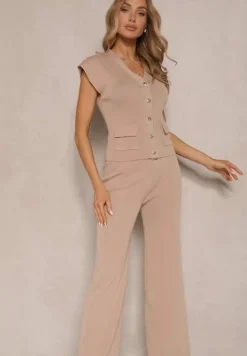 Beżowy Komplet Kamizelka i Spodnie Regular Annavie