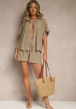 Beżowy Komplet Krótkie Spodenki i Wiązana Koszula Fredefia