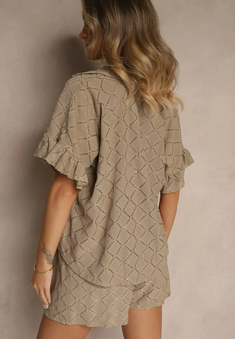 Beżowy Komplet Krótkie Spodenki i Wiązana Koszula Fredefia