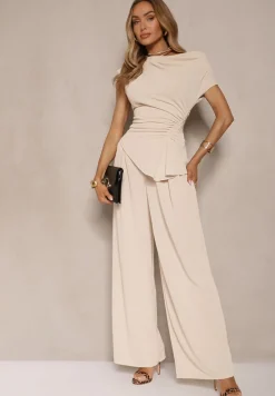 Beżowy Komplet Spodnie o Szerokim Kroju i Asymetryczna Bluzka z Marszczeniem Nitara