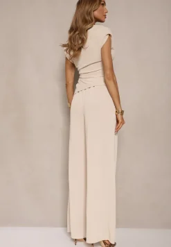 Beżowy Komplet Spodnie o Szerokim Kroju i Asymetryczna Bluzka z Marszczeniem Nitara