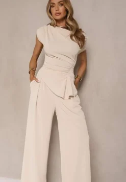 Beżowy Komplet Spodnie o Szerokim Kroju i Asymetryczna Bluzka z Marszczeniem Nitara