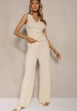 Beżowy Komplet Spodnie o Szerokim Kroju i Kamizelka z Dekoltem w Kształcie V Sadorine