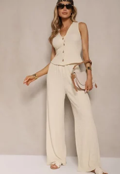 Beżowy Komplet Spodnie o Szerokim Kroju i Kamizelka z Dekoltem w Kształcie V Sadorine