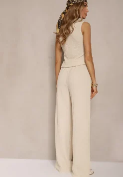 Beżowy Komplet Spodnie o Szerokim Kroju i Kamizelka z Dekoltem w Kształcie V Sadorine