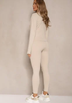 Beżowy Komplet Sportowy Legginsy i Bluza z Wycięciem na Kciuk Redarose