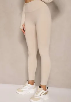 Beżowy Komplet Sportowy Legginsy i Bluza z Wycięciem na Kciuk Redarose