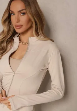 Beżowy Komplet Sportowy Legginsy i Bluza z Wycięciem na Kciuk Redarose