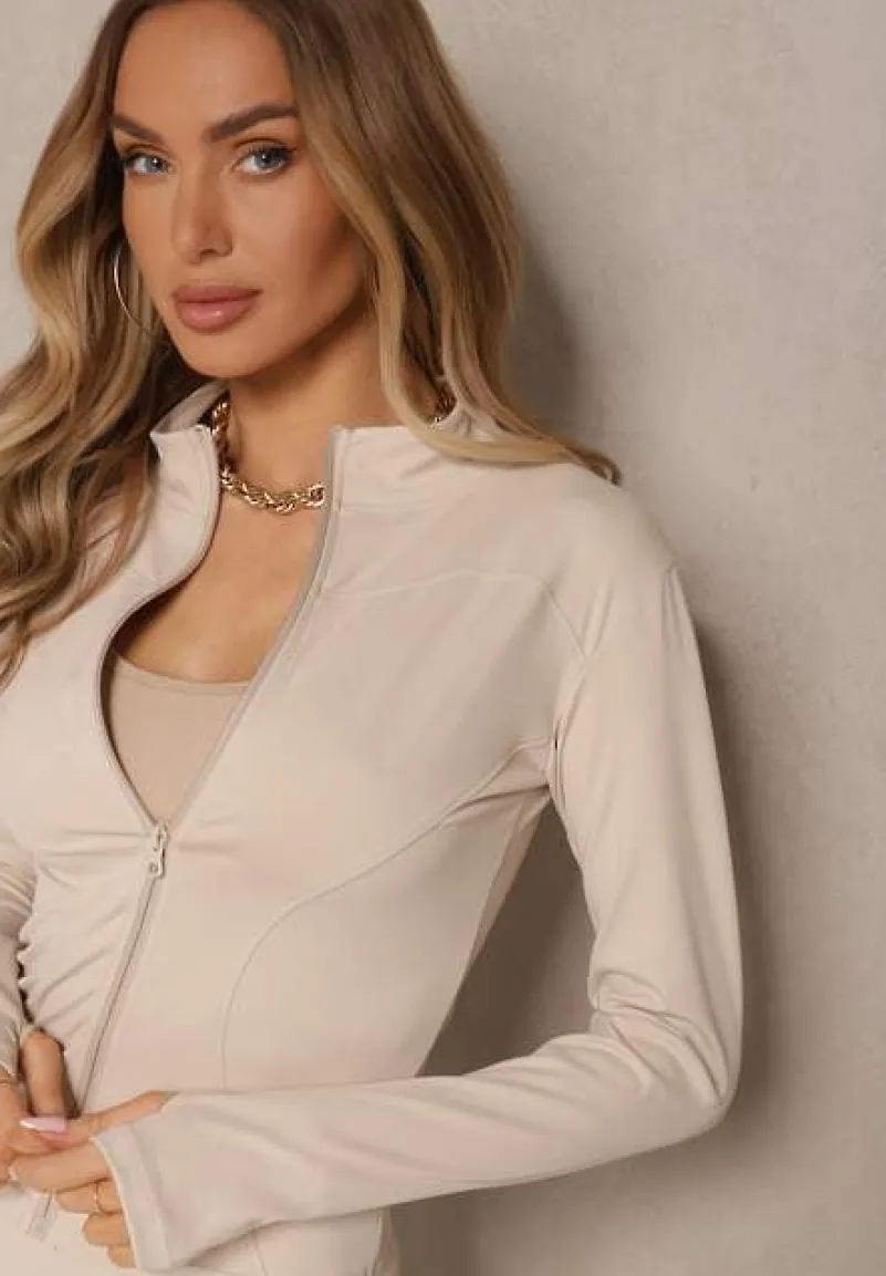 Beżowy Komplet Sportowy Legginsy i Bluza z Wycięciem na Kciuk Redarose