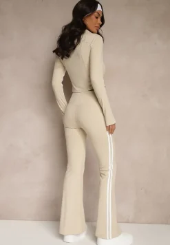 Beżowy Komplet Sportowy Spodnie Dzwony i Bluza na Suwak Lumonise